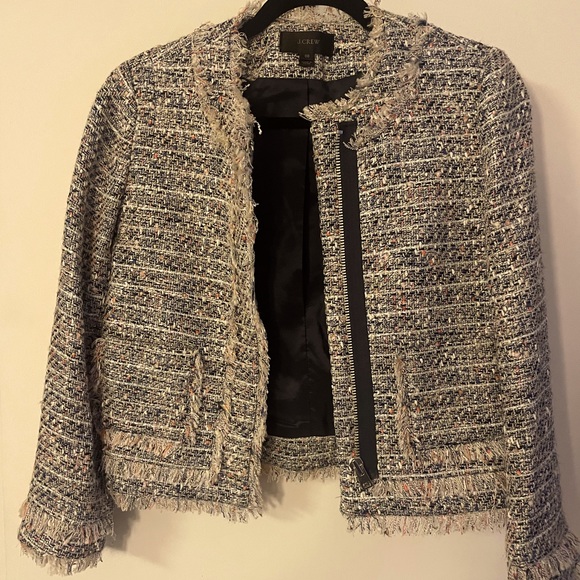 J. Crew tweed cropped jacket with zipper and fringe detail- size 00 - Picture 1 of 4